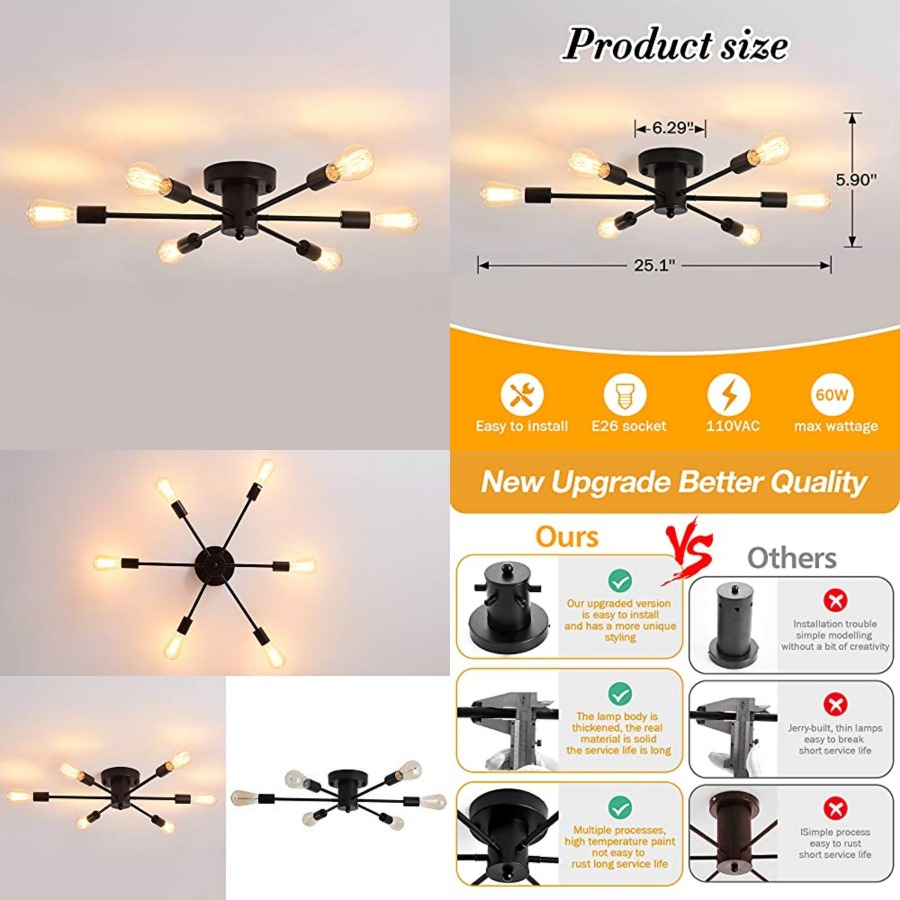 6 Lights Sputnik Semi Flush Mo - Farming A 评论和价格